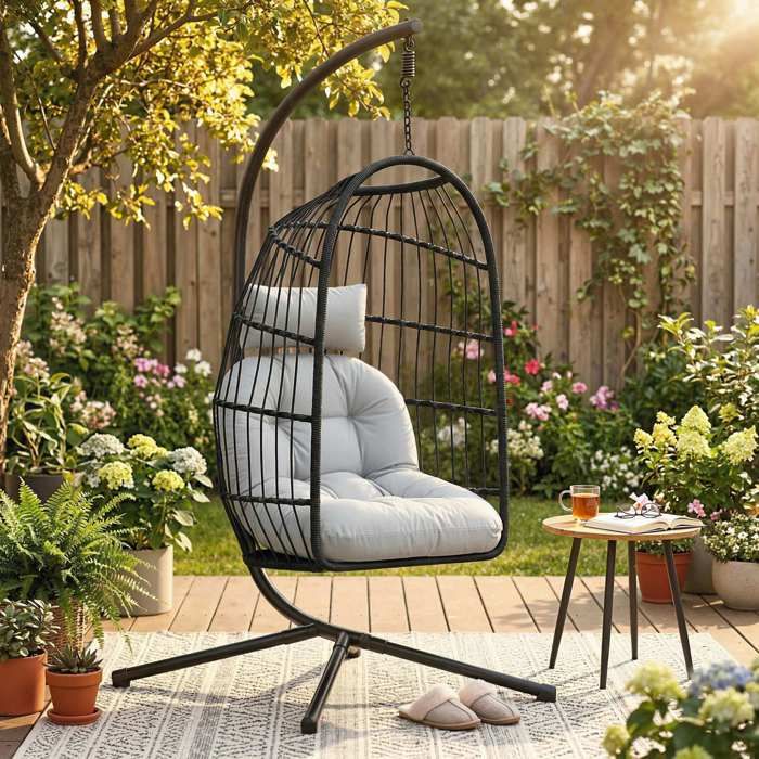 Fauteuil Œuf Suspendu Pliable avec Support Coussin 15cm et Appui-tête Gain de Place Résine Tressée 101x105x196cm Gris