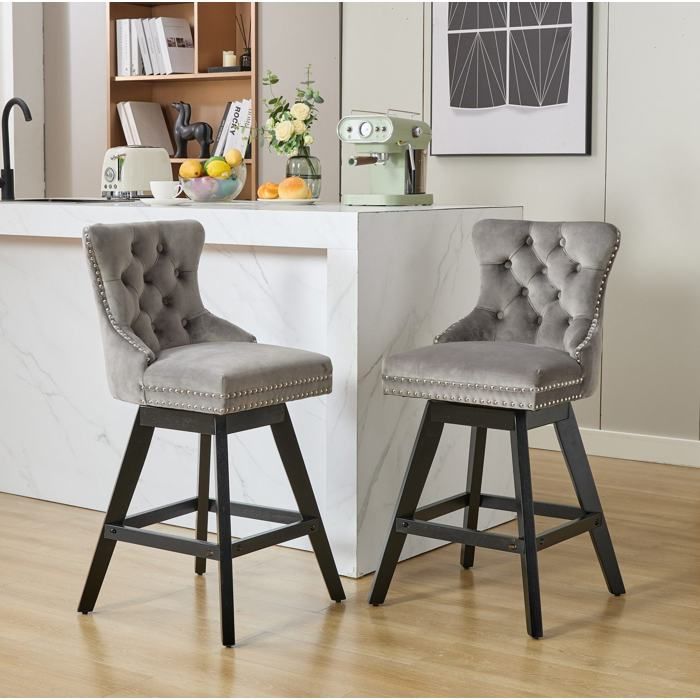 Tabouret de bar pivotant en velours gris capitonné - TCQPZ - lot de 2 clous décoratifs bois 54 4 × 44 5 × 97 5 cm