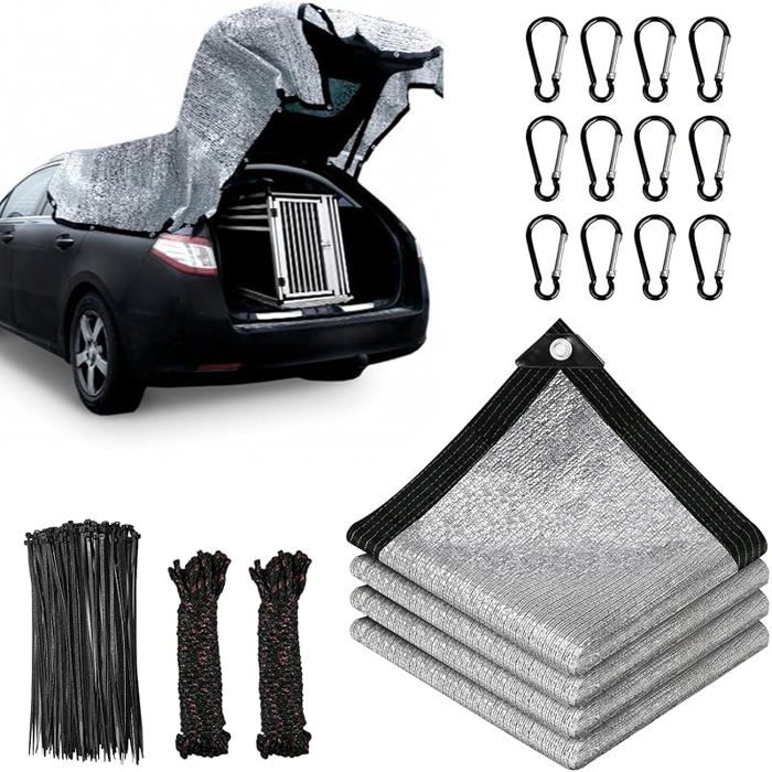 Filet D Ombrage pour Voiture Filet D Ombrage en Aluum Réfléchissant 2x2m Tissus Reflechissant Soleil 2x2 Noir et argent