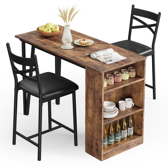 Garvee Ensemble table de bar extensible (3 p.) : table 2 chaises conf. étagères gain de place. pour 2-4 personnes - Marron.
