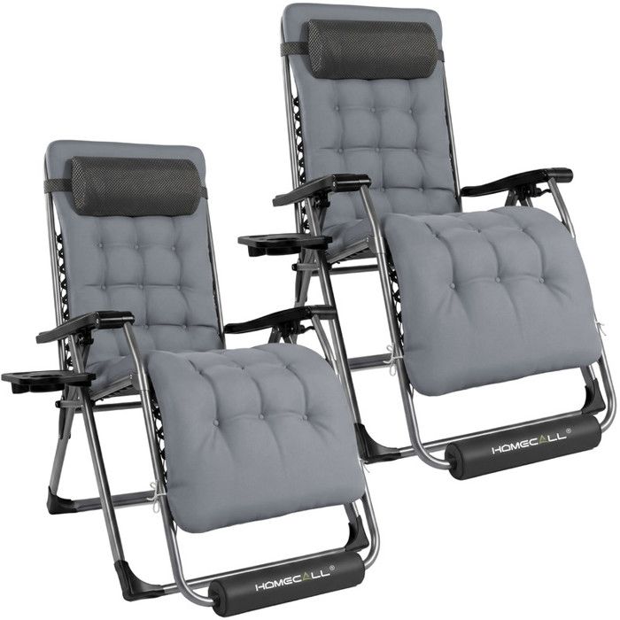 HOMECALL Lot de 2 Transat de jardin pliable - Fauteuil « zéro gravité » - chaise longue - coussin amovible - chargé 180 kg - Gris