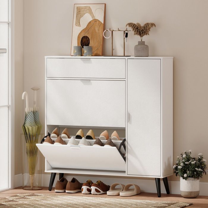 Meuble à chaussures étroit avec 2 abattants portes effet cuir litchi et étagères réglables blanc