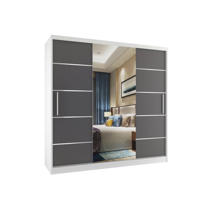 BELINI Grande Armoire 3 Portes Coulissantes VERONA MT 200 cm - Blanc / Gris Mat - Miroir Intégré & 4 Tiroirs - Chambre Adulte
