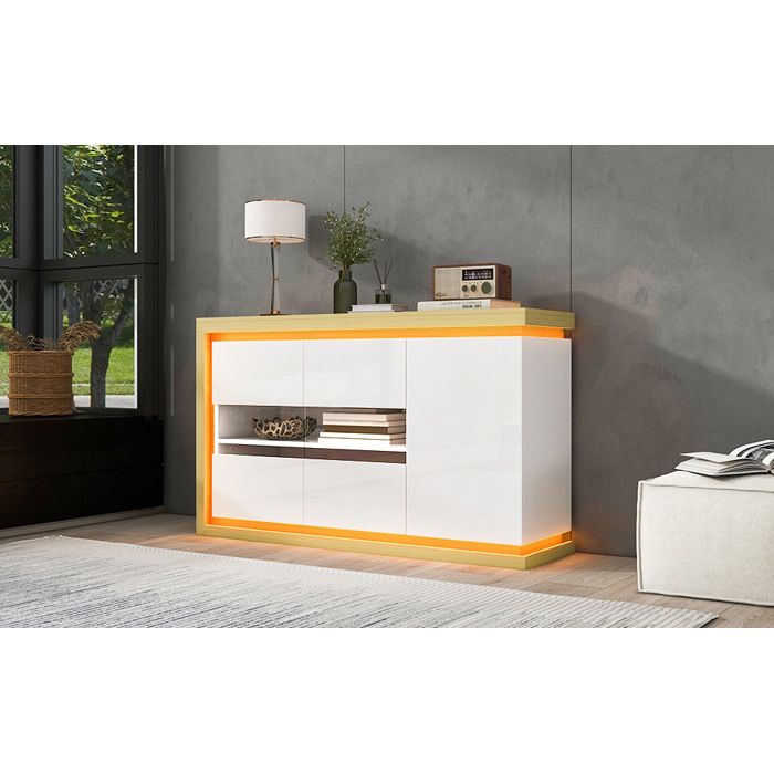 Buffet bas 140 x 40 x 84 cm blanc et bois naturel avec LED 3 portes dont 2 en verre trempé étagères réglables