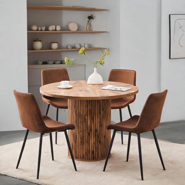 Table ronde et 4 chaises en MDF effet bois et tissu marron – Repas conviviaux – Style moderne