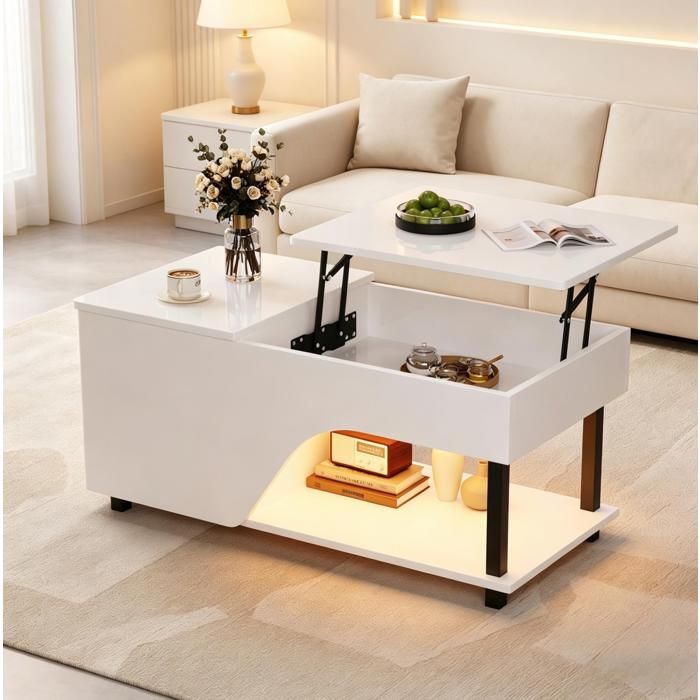 Table Basse Relevable avec LED Rangement Caché et Étagères Blanc Brillant 100 × 50 × 46 cm - UVRION