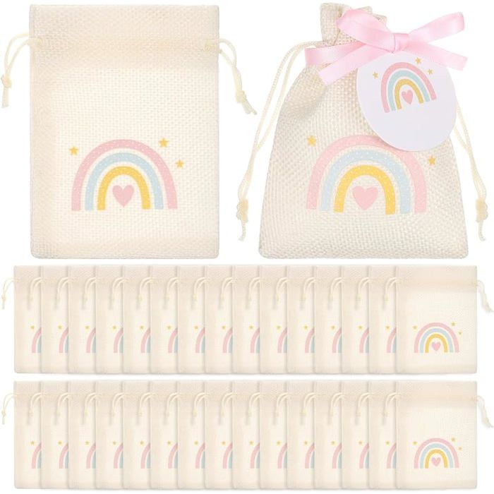30 Pièces Boite Dragees pour Invités avec Merci Sachet Dragées de Bapteme avec Arc en ciel Sacs à Dragées pour Arc POCHETTE CADEAU