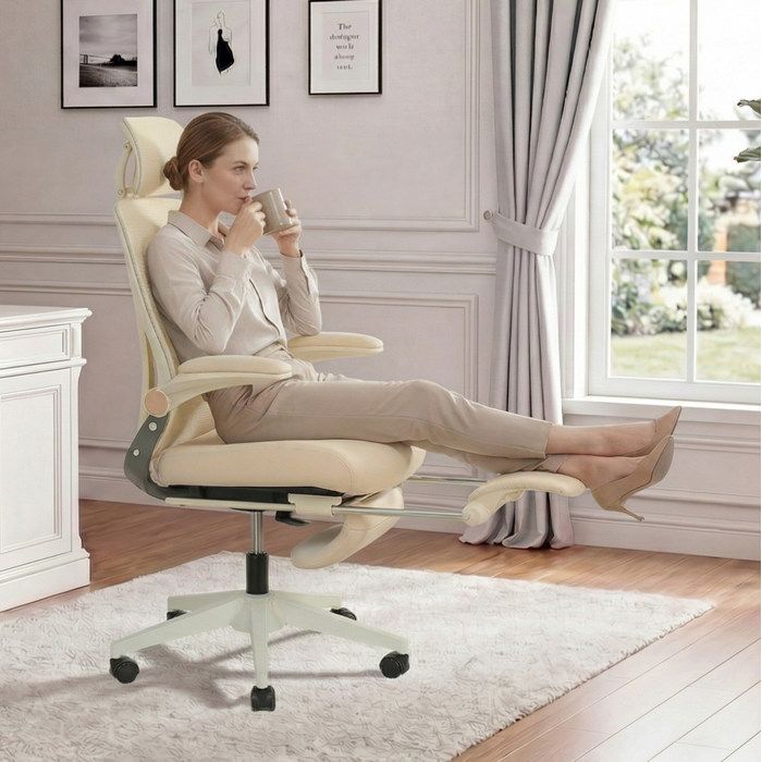 Chaise de bureau ergonomique pliable AESVAR avec appui-tête 3D soutien lombaire réglable et repose-pieds crème
