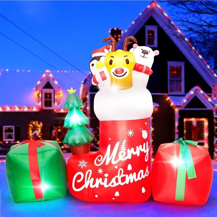 Décoration extérieure gonflable de Noël de 2 4 m animal gonflable dans une chaussette de Noël avec boîte cadeau