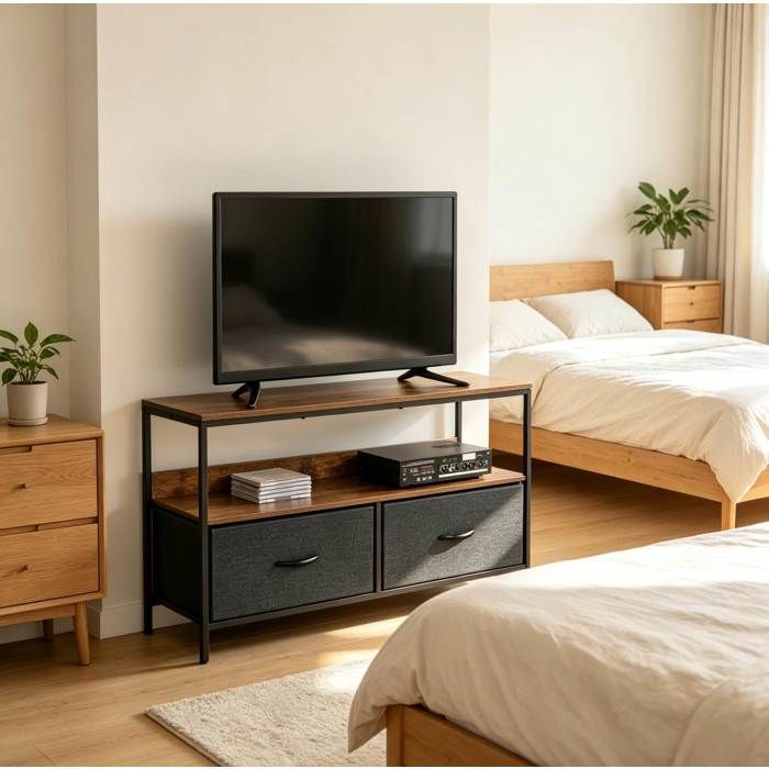 Meuble TV industriel - 2 tiroirs pliants étagère ouverte structure métal 98 x 29 x 56 cm noir/gris/marron
