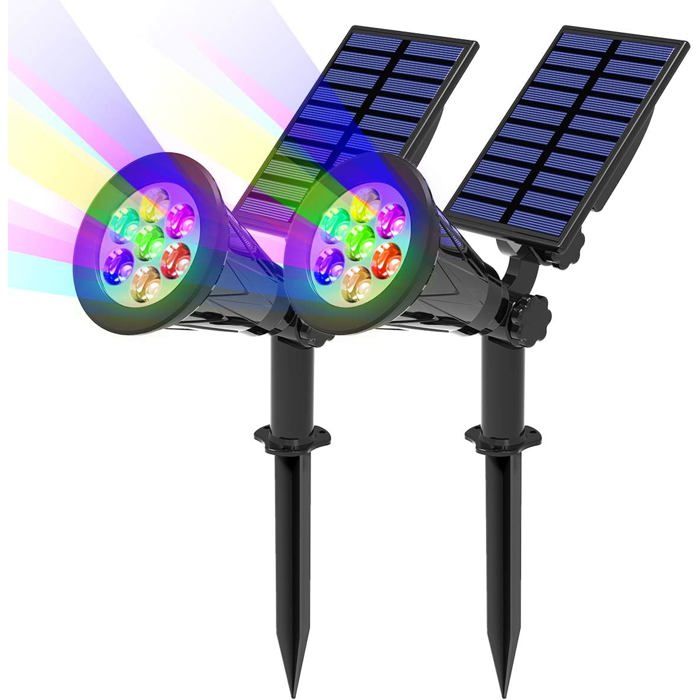 7 LED Lampe Solaire 2Packs Projecteur 7 Couleurs Extérieur sans Fil IP65 180° Réglable pour Jardin Cour