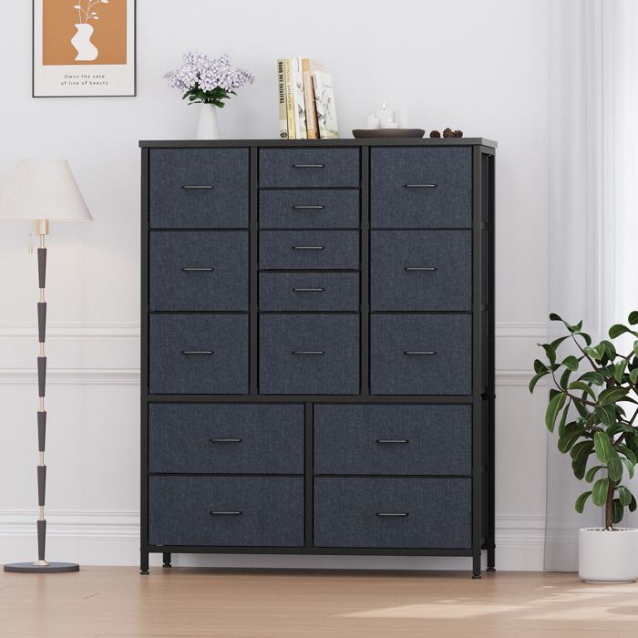 Commode 15 Tiroirs en Tissu – Structure Métal Robuste & Plateau Bois – Chambre Entrée Couloir Salon – Poignées Faciles à Tirer. Gris