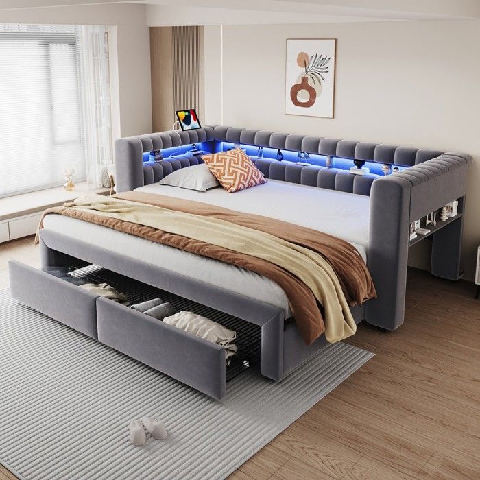 Lit canapé capitonné - Zephmum - 90/180x190 lattes tiroirs LED USB-C velours gris foncé