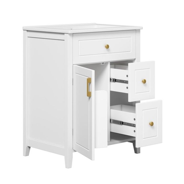 Meuble vasque sur pied blanc 61x47x87cm vasque céramique poignées dorées tiroirs et rangement sans robinetterie Meuble vasque sur pied blanc 61x47x87cm vasque céramique poignées dorées tiroirs et rangement sans robinetterie