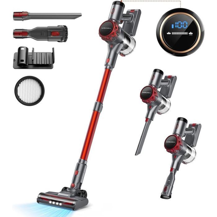 Aspirateur Balai sans Fil Puissant 300W 40000Pa 6 en 1 - Filtre HEPA Brosse Anti-Emmêlement Écran LED - Rouge et Gris