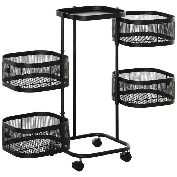 Desserte de cuisine - Chariot à légumes et fruits 4 paniers en fil sur roulettes plateau supérieur en acier noir