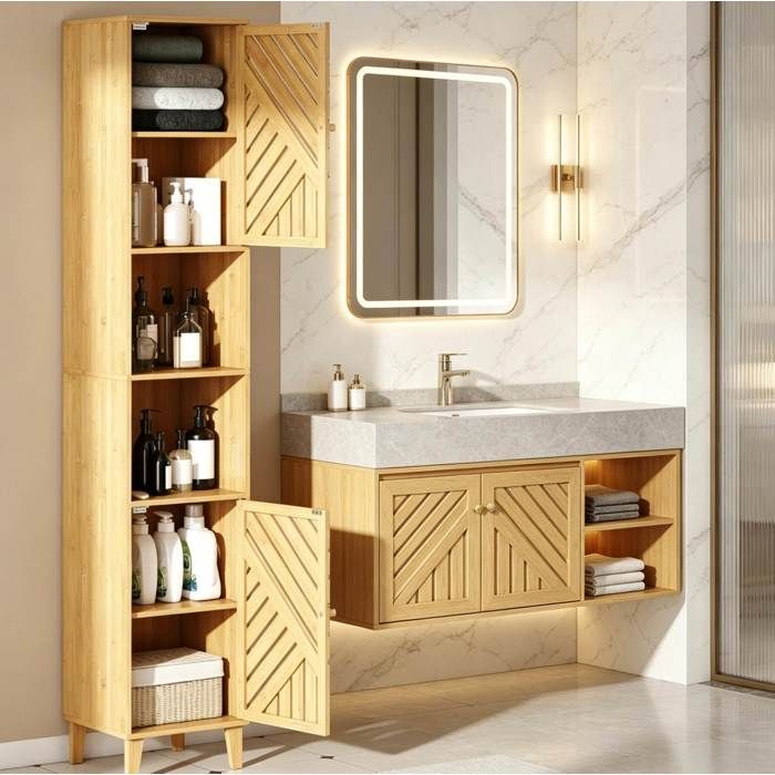 COVREO Colonne de salle de bain 32 x 30 x 170 cm 2 portes en bambou rangements ouverts
