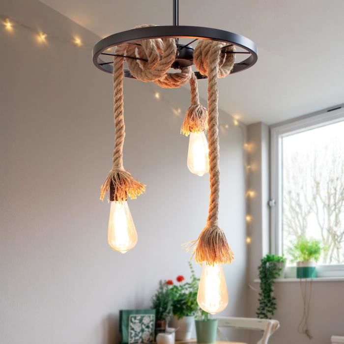 Lustre Suspension En Corde De Chanvre 3 Lampe E27 , Rétro Lampe De Plafond Roue Industrielle Pour Restaurant Salon Salle À Manger Bar | Leroy Merlin