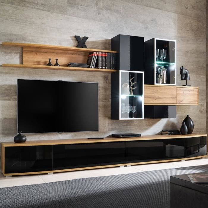 Ensemble Meuble Tv Noir Et Bois Achat Vente Pas Cher