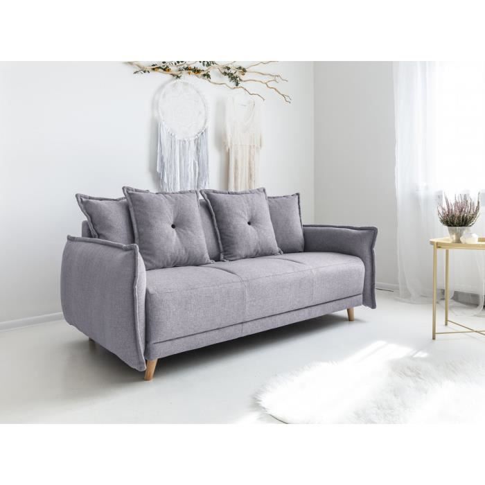 Canapé 3 Places Fixe Lena Gris Clair Pieds Déco Grands Coussins Déco Capitonnés Accoudoirs Coussins