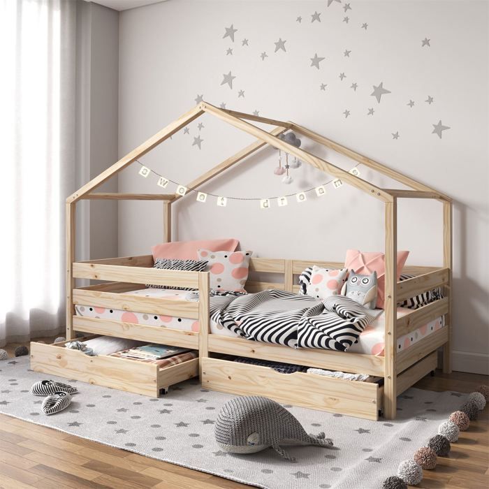 Lit cabane ENA avec tiroirs, 90 x 190 cm en pin massif naturel
