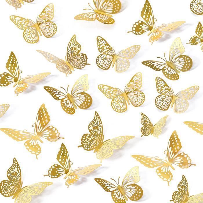48pcs Stickers muraux mixtes de papillons 3D, Autocollants muraux Vivid Flash pour maison, Papillon dorées décor de chambre d'enfant
