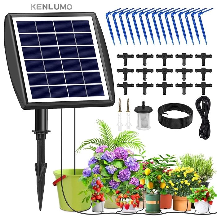 Kit d'irrigation goutte à goutte automatique énergie solaire KENLUMO - Tuyau de 15m pour jardin