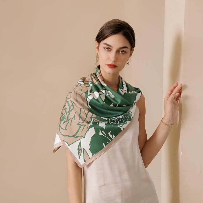 foulard grande carré satiné femme écharpe châle floral imprimé elégant - vert