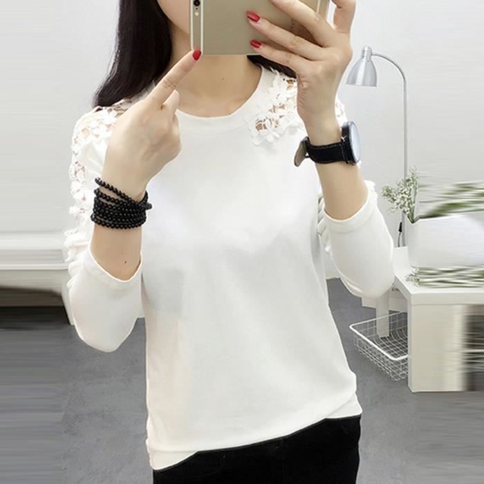 Lady Fashion Femmes Top Dentelle Elegante Col Rond Manches Longues Chemisier Occasionnel Blanc Blanc Achat Vente Chemisier Blouse Cdiscount