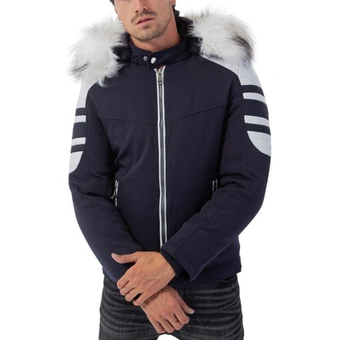 Doudoune a capuche fourrure Doudoune 6609 bleu marine M Bleu Cdiscount Pret a Porter