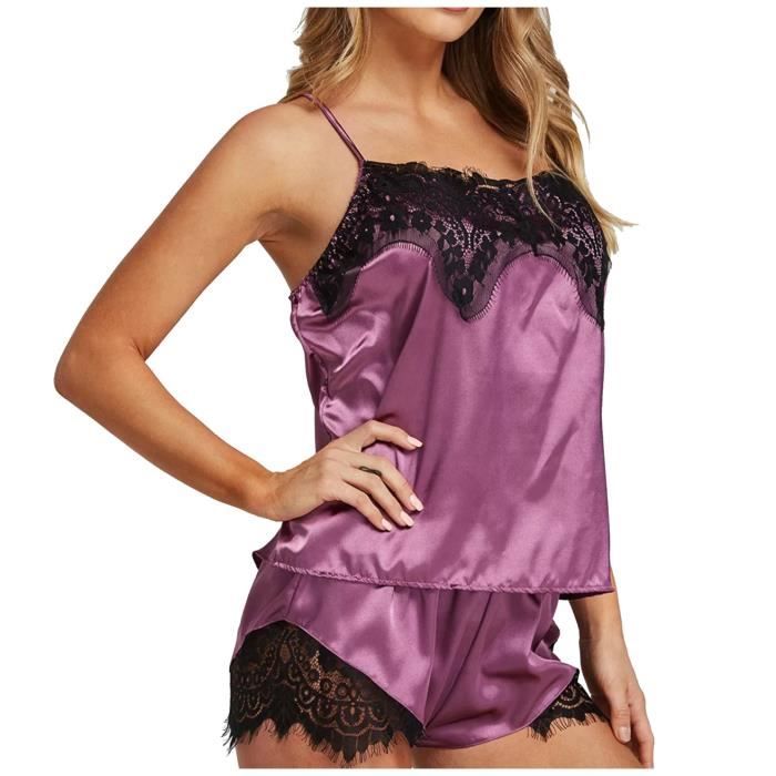 Ensemble Caraco et Shorty Pyjama en soie satinee Femme Lingerie Vetements de nuit Shorts leopard Debardeurs Violet Cdiscount Pret a Porter