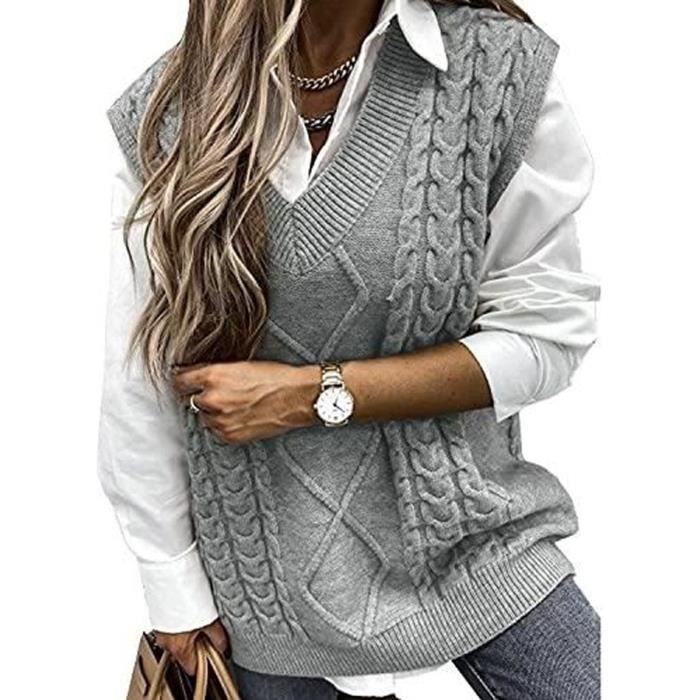 Pull Femme Gilet Plaid Geo sans Manches Pull en Tricot Crop Top Col V  Tricots DéBardeurs Chunky Cable Knit