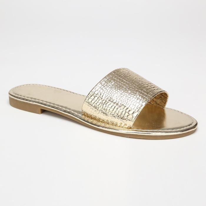 Mules plates effet croco à boucles dorées - Vert pâle