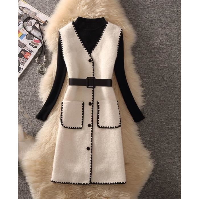 Robe Robe gilet avec ceinture pour femme style coreen automne hiver tricot pull decontracte Joker Slim sans Beige Set A Blanc Cdiscount Pret a Porter