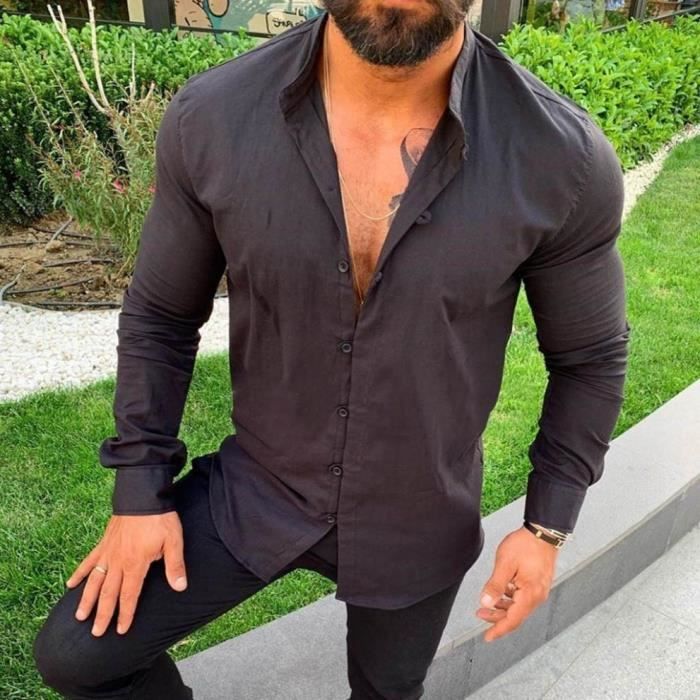 Chemises hommes Qualite Superieure col boutonne et montant boutons pans coupes Noir
