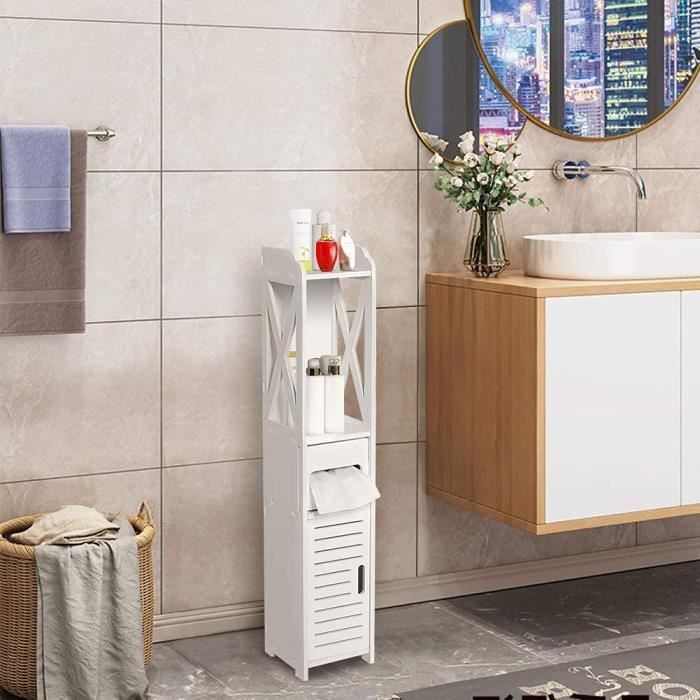 Meuble de Salle de Bain Colonne Blanc - OHMG - HSTURYZ - Étagère Stockage - 4 Couches - 80x20x20cm