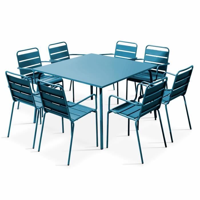 Ensemble table de jardin et 8 fauteuils - OVIALA - Palavas - Acier - Bleu Pacific
