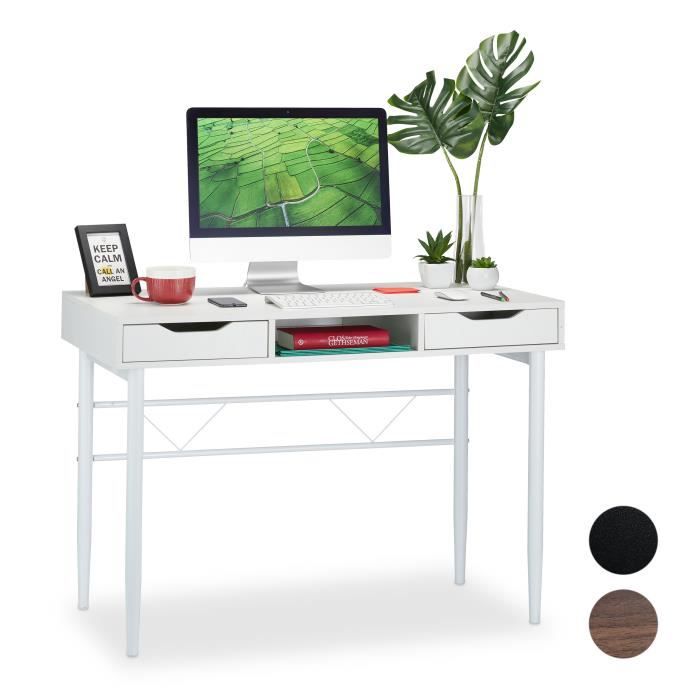 relaxdays bureau avec tiroirs et étagère, moderne, cadre en métal,table de bureau hlp 77x110x55cm, différentes couleurs -