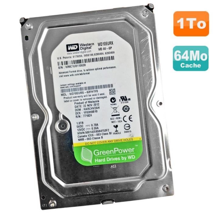 Disque Dur 1To WD GreenPower WD10EURX-63FH1Y0 3.5 SATA III 6Gbps 5400RPM 64Mo