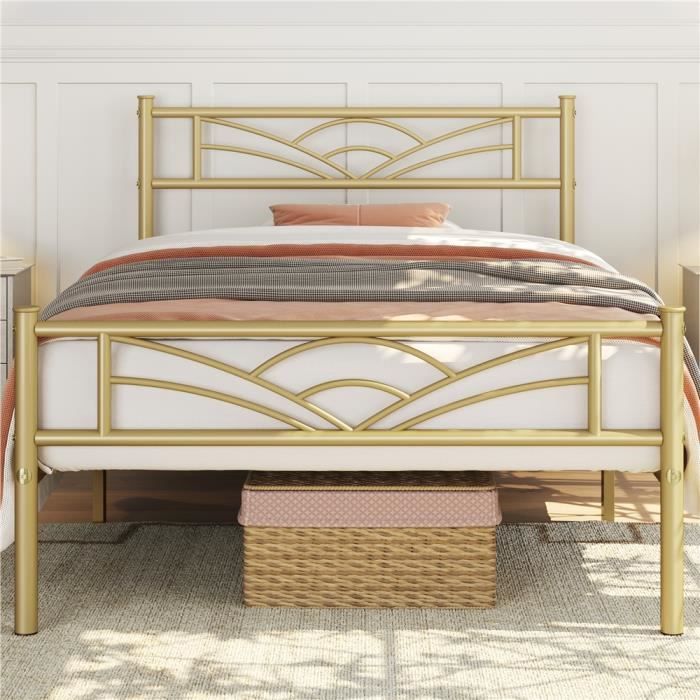 yaheetech lit simple cadre de lit en métal assemblage simple pour petits espaces adultes 90x200cm or antique