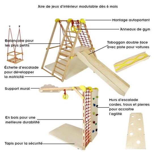 Aire De Jeux Intérieure 9 En 1 Pour Enfants - Toboggan, Mur D'Escalade, Balançoire, En Bois Massif (121x112x120 Cm)