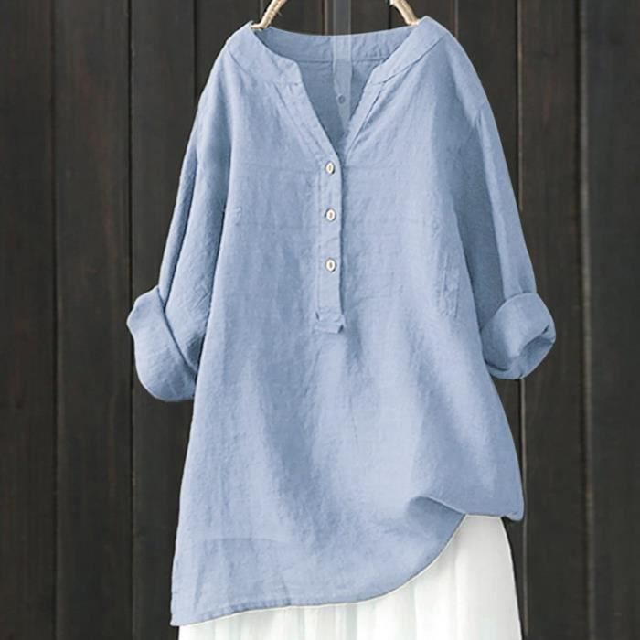 Chemise Lin Femme Chemisier Coton Et Lin pour Femmes Col en V Bouton Manches Longues Grande Taille Pas Casual Cotonlight bleu