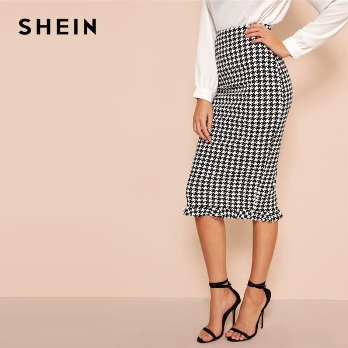 Jupe noire et blanche a volants SHEIN Modele pied de poule Jupe moulante elegante pour femmes Printemps Blanc Cdiscount Pret a Porter