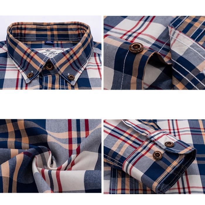 Chemise Mani Homme Manches Longues – Bleu à Carreaux – Coton – Taille L