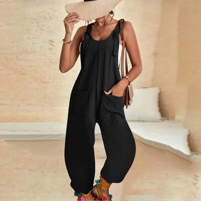 Salopette Femme Ete Fluide Grande Taille Combinaison Pantalon Decontracte Noir