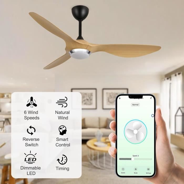 Ventilateur Plafond Avec Lumière LED - 132 Cm, 6 Vitesses, Télécommande, Silencieux, Réversible - Pour Chambre, Salon, Bureau - Design Dimmable