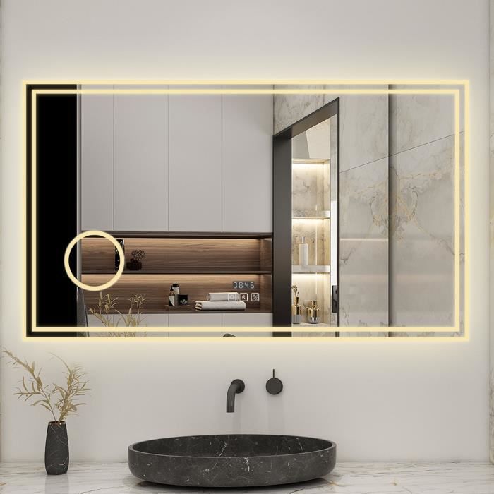 Miroir de salle de bain,avec anti-buée,miroir grossissant  3X,horloge,bluetooth,3 couleurs Horizontal 120cm(L)x70cm(H),LED tactile -  Cdiscount Maison