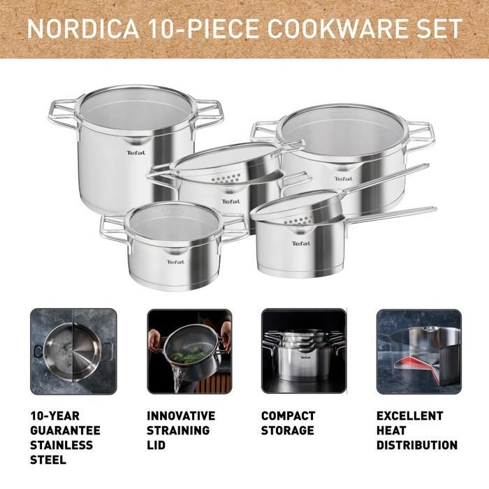 Tefal Nordica - Batterie De Cuisine 8 Pièces Inox - Casseroles Et Faitouts - Compatible Induction