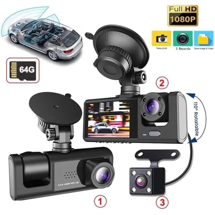 Caméra de tableau de bord à 3 canaux avant et arrière 1080p + 720p + 720p  Caméra de voiture