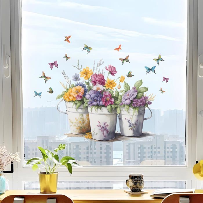 6 Stickers Fleurs Et Papillons Pour Fenêtre - Déco Printanière Adhésive PVC